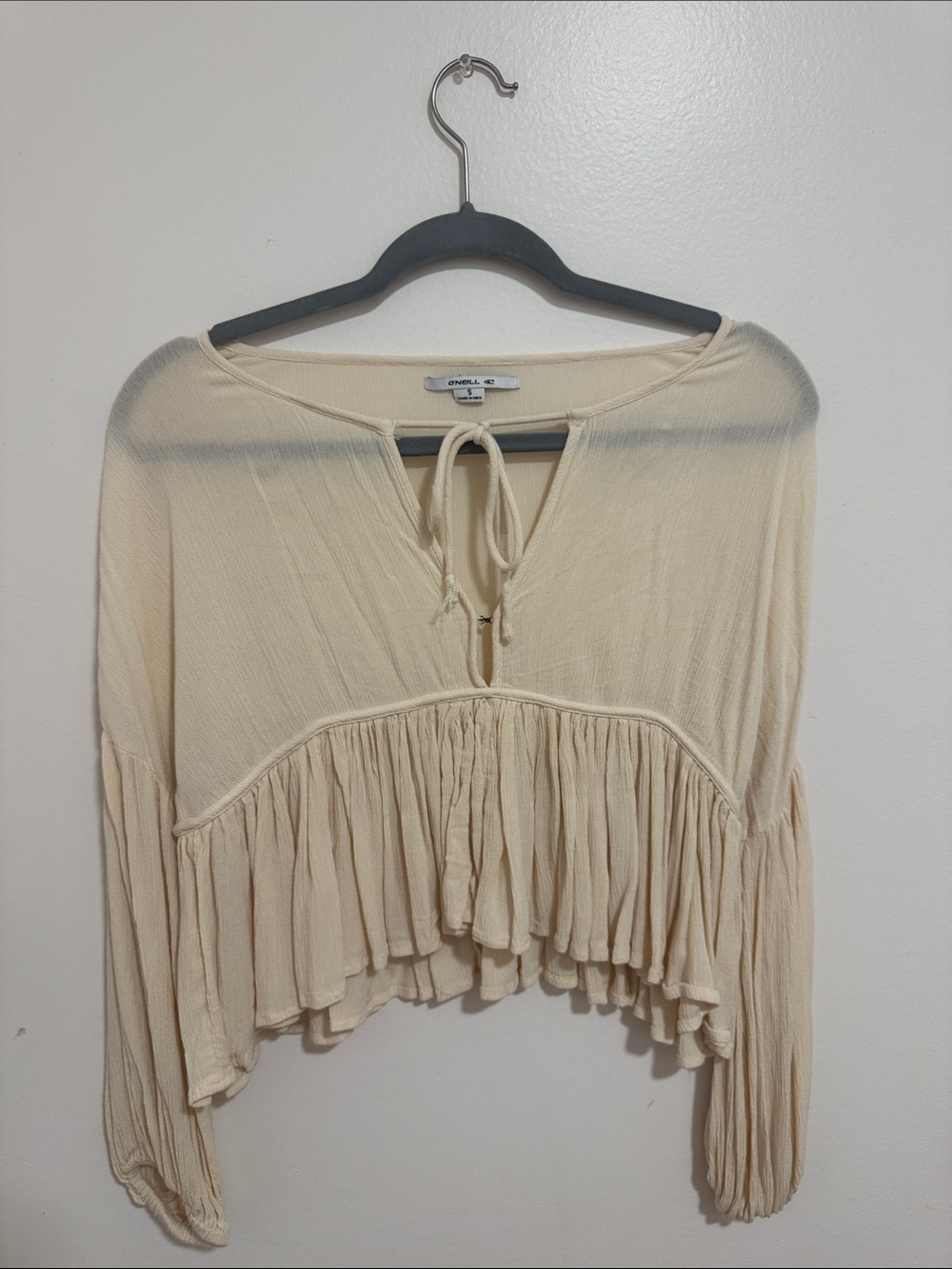 O'Neill Cream Tie-Front Ruffle Crop Top
